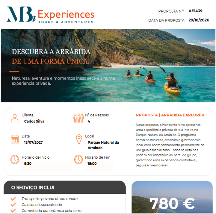 Proposta comercial de uma agência de viagens gerada em Excel pela MBi, com imagem, dados do cliente e serviços incluídos