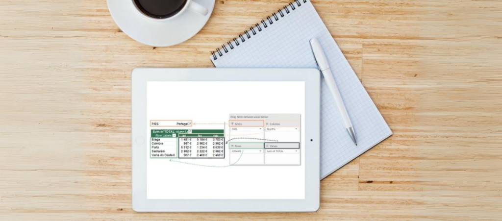 Ipad com diagrama referente a tabelas dinâmicas