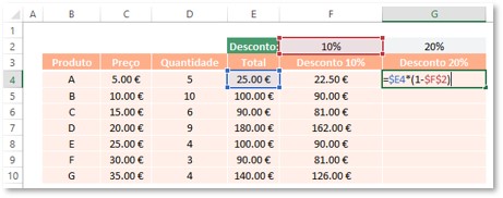 Exemplo 3 em excel com fórmula de total com 2 descontos - primeiro desconto completo