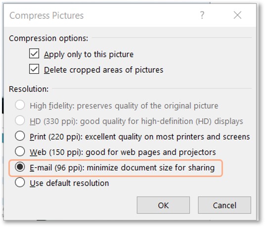 selecionar resolução para comprimir imagens no Excel