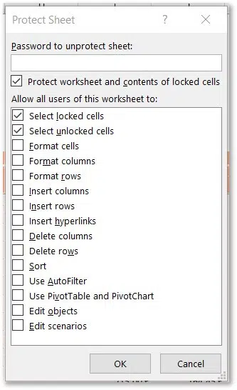 Opções de proteção da folha Excel