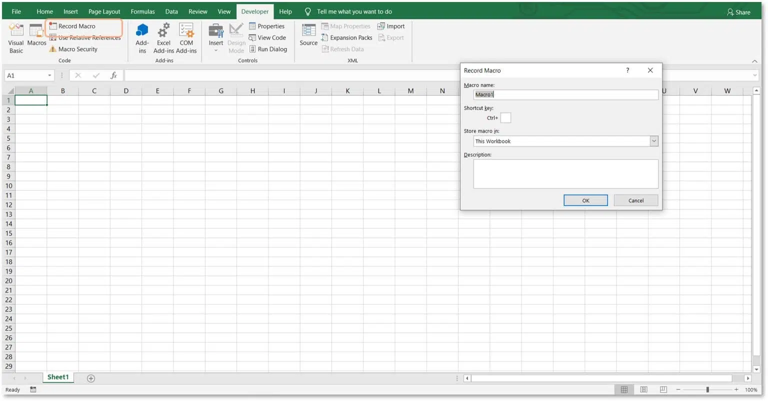 Gravar uma macro pessoal no Excel - iniciar gravação