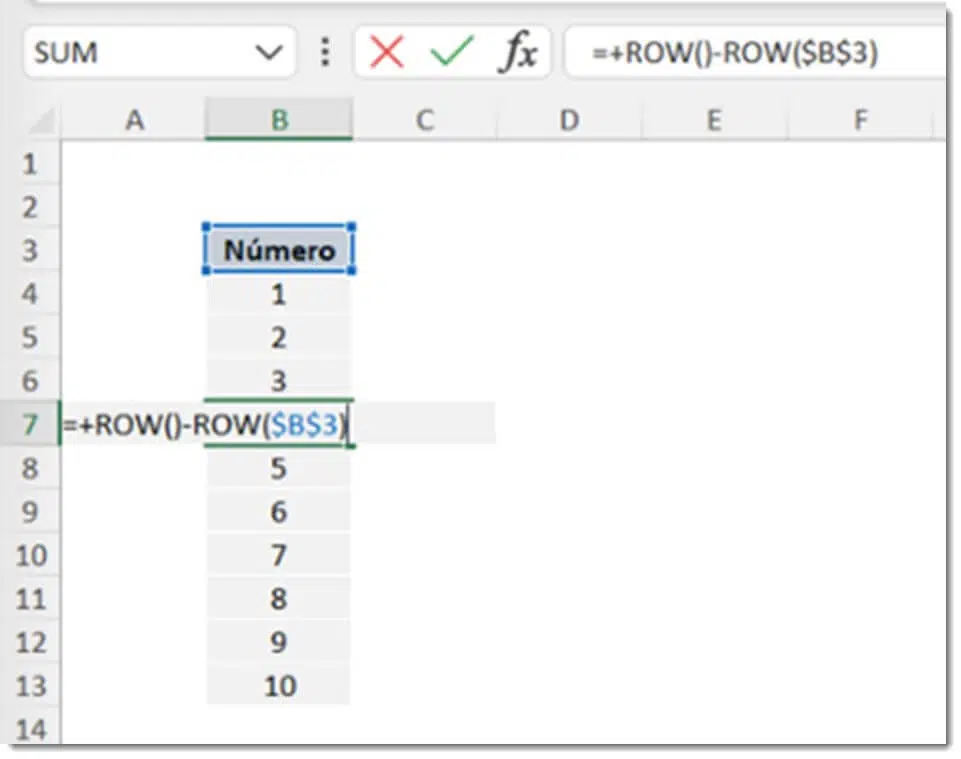 Usar a função ROW (Lin) para numerar linhas automaticamente