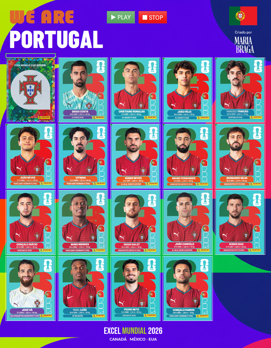 Caderneta de cromos digital do Mundial 2026 em Excel com seleções e jogadores