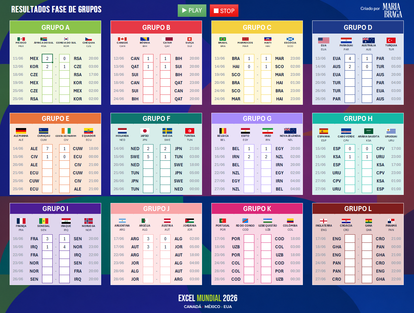 Fase de grupos do Mundial 2026 em Excel com calendário, jogos por grupo e resultados editáveis