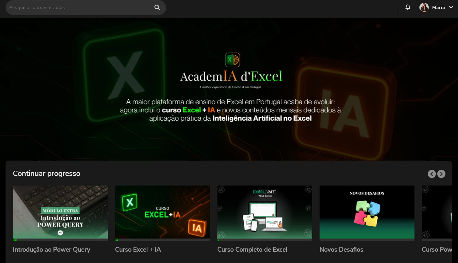 Página inicial da Academia d'Excel, com percursos e progresso